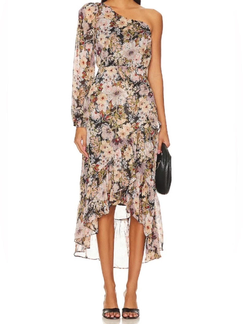 Astr One-Shoulder Floral High-Low Midi Dress in Blush and Black Size XS